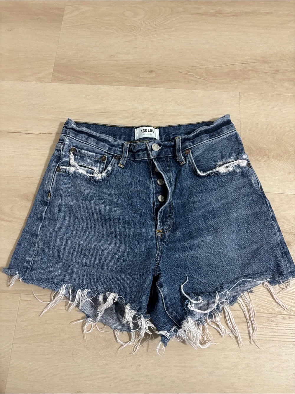 Agolde Los Angeles Washed Blue Distressed High-Rise Denim Shorts size 25 chic